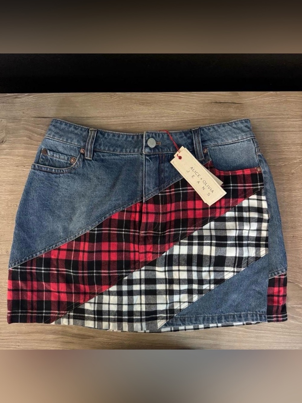 Alice + Olivia Denim Mini Skirt with Red and Black Plaid Panels